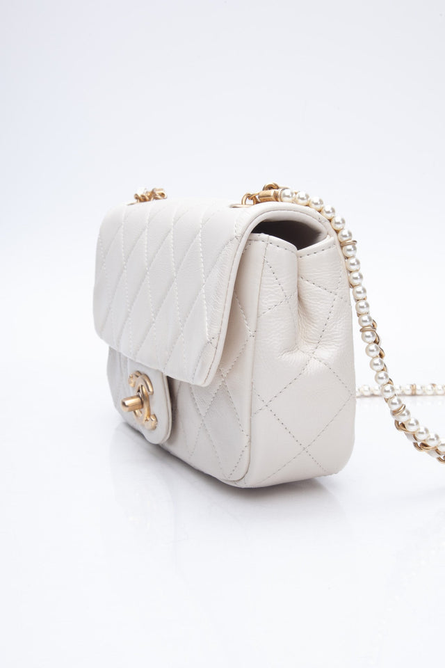 CHANEL Small Cream Crystal Pearls Chain Quilted Calfskin Flap Bag