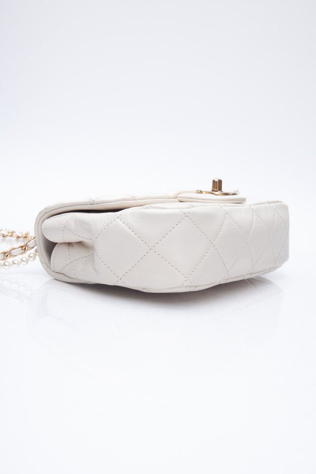 CHANEL Small Cream Crystal Pearls Chain Quilted Calfskin Flap Bag