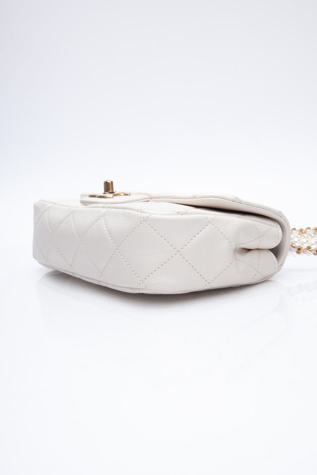 CHANEL Small Cream Crystal Pearls Chain Quilted Calfskin Flap Bag