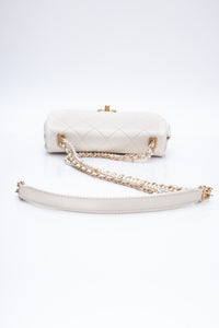 CHANEL Small Cream Crystal Pearls Chain Quilted Calfskin Flap Bag