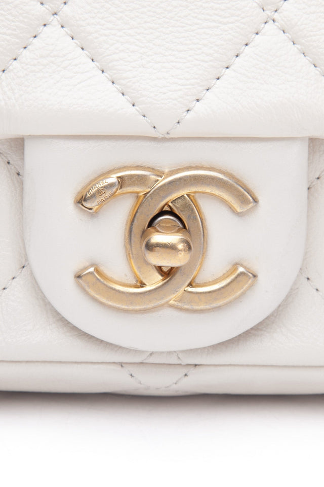 CHANEL Small Cream Crystal Pearls Chain Quilted Calfskin Flap Bag