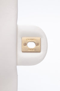 CHANEL Small Cream Crystal Pearls Chain Quilted Calfskin Flap Bag