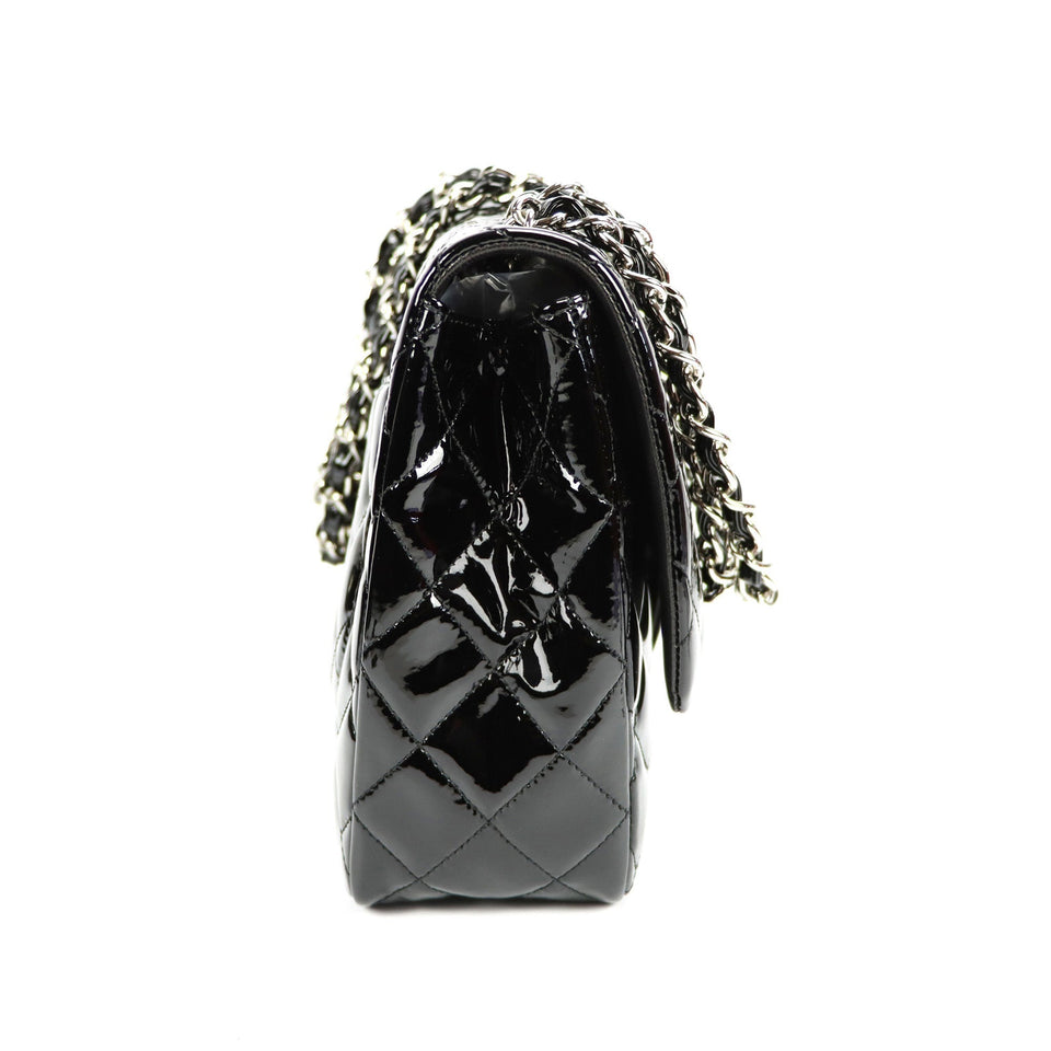SALE Chanel Classic Single Flap Jumbo Black Patent Leather Silver