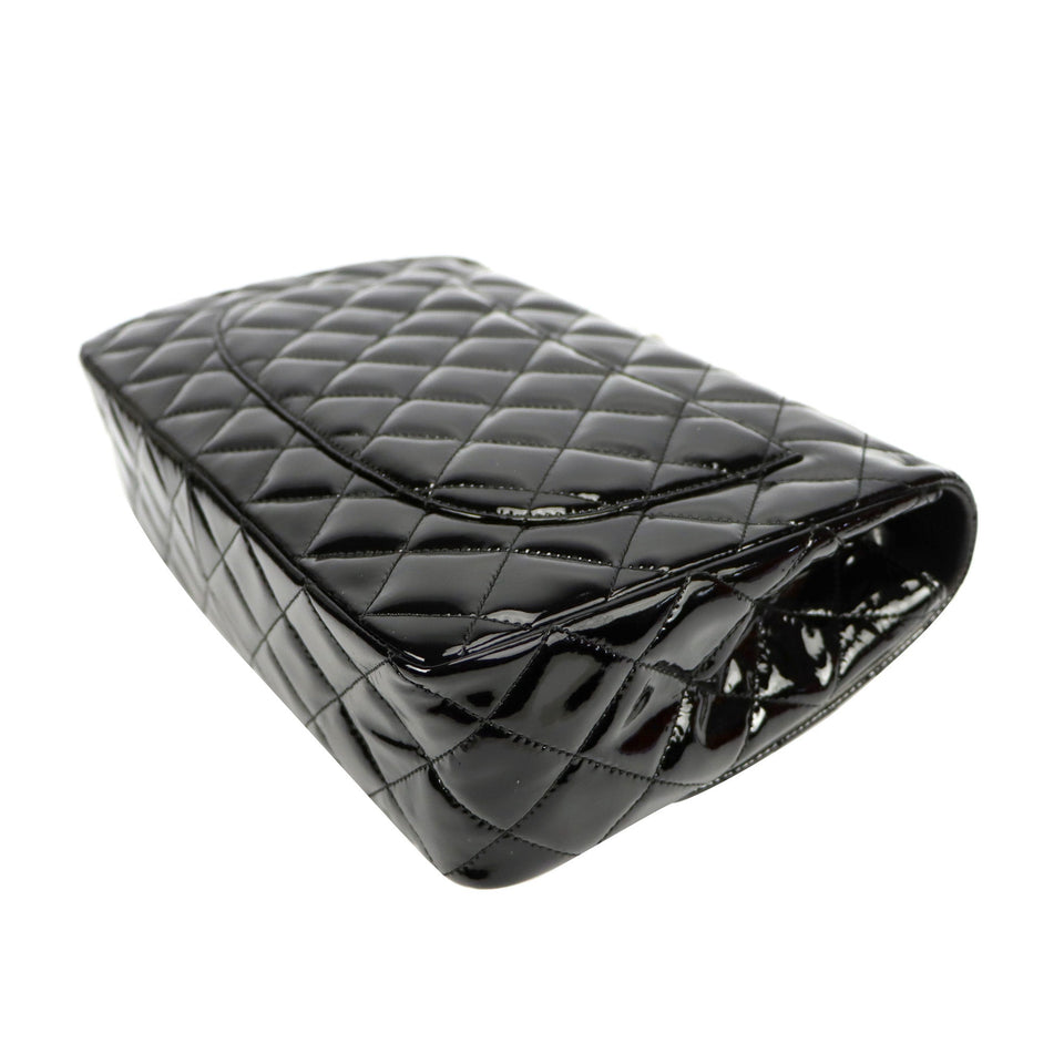 SALE Chanel Classic Single Flap Jumbo Black Patent Leather Silver