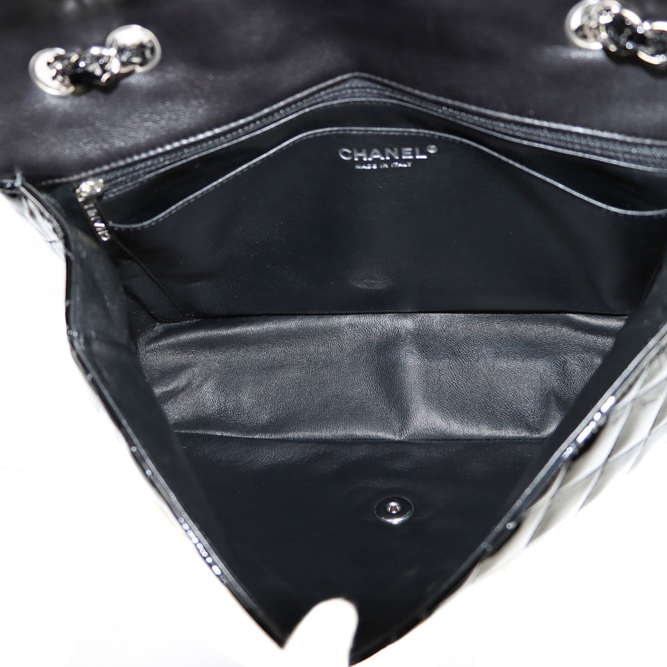 SALE Chanel Classic Single Flap Jumbo Black Patent Leather Silver