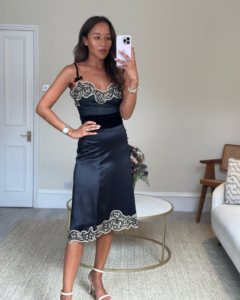 Prada Black Silk Lingerie Top and Midi Skirt Set with Embroidery Details Size IT 42 (UK 10)