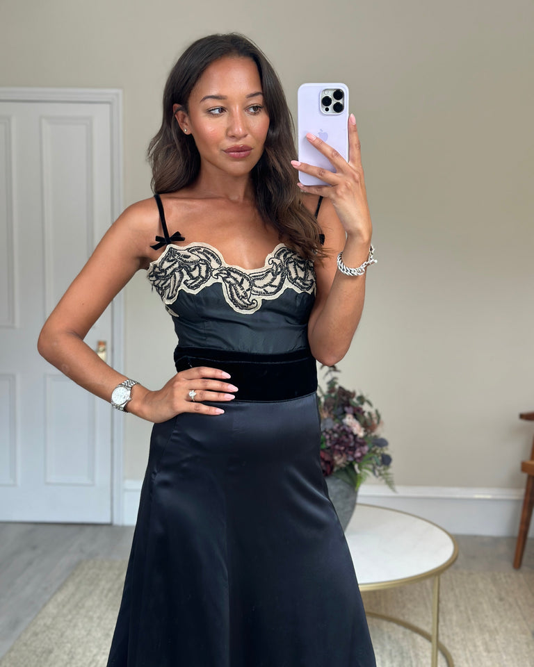 Prada Black Silk Lingerie Top and Midi Skirt Set with Embroidery Details Size IT 42 (UK 10)