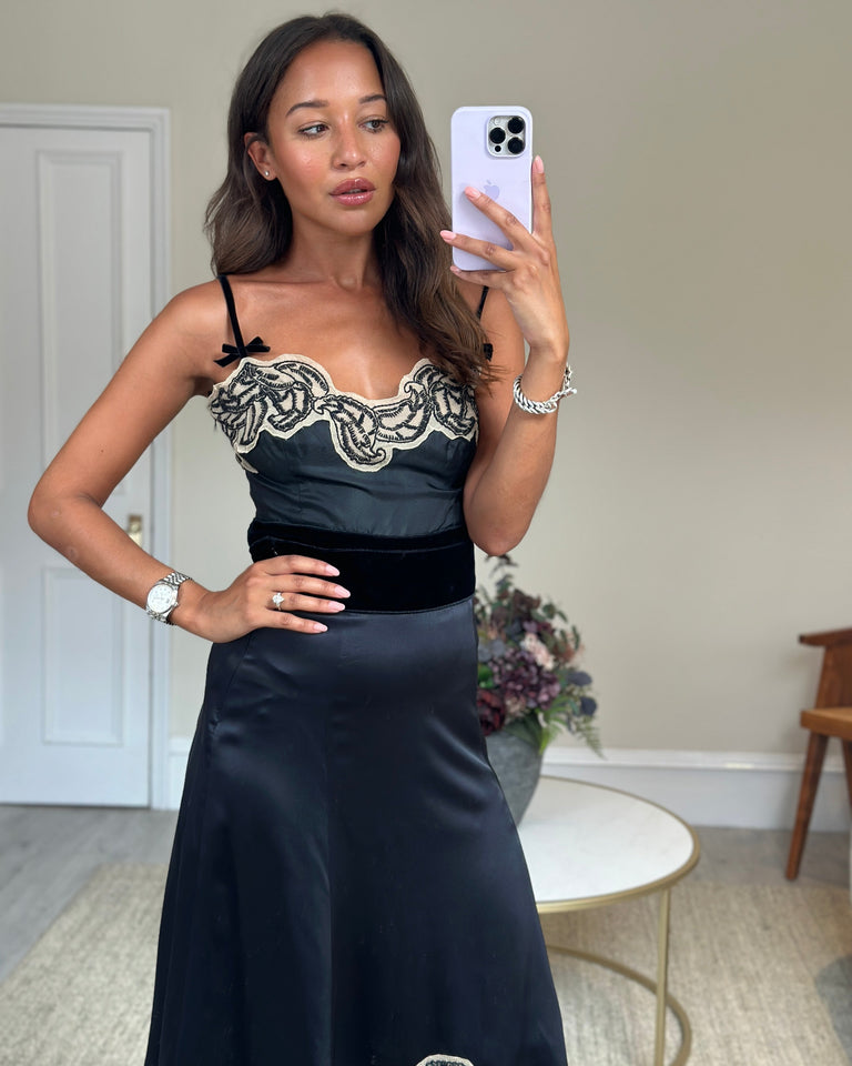 Prada Black Silk Lingerie Top and Midi Skirt Set with Embroidery Details Size IT 42 (UK 10)