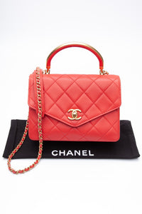 CHANEL Coral Calfskin Quilted Metal Small Top Handle Envelope Flap Bag