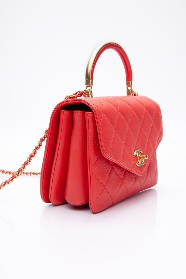 CHANEL Coral Calfskin Quilted Metal Small Top Handle Envelope Flap Bag