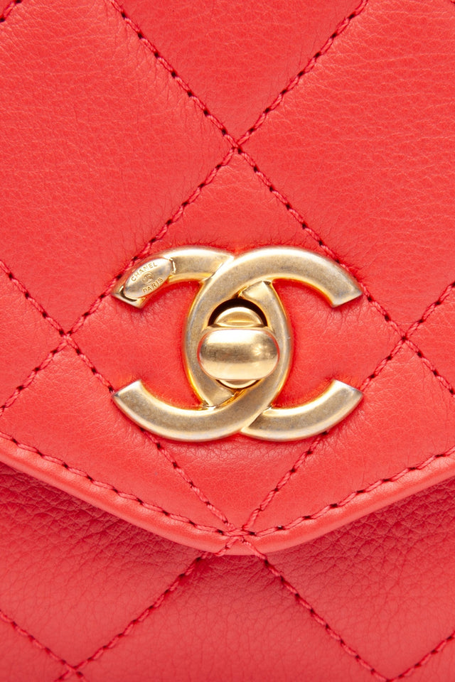CHANEL Coral Calfskin Quilted Metal Small Top Handle Envelope Flap Bag