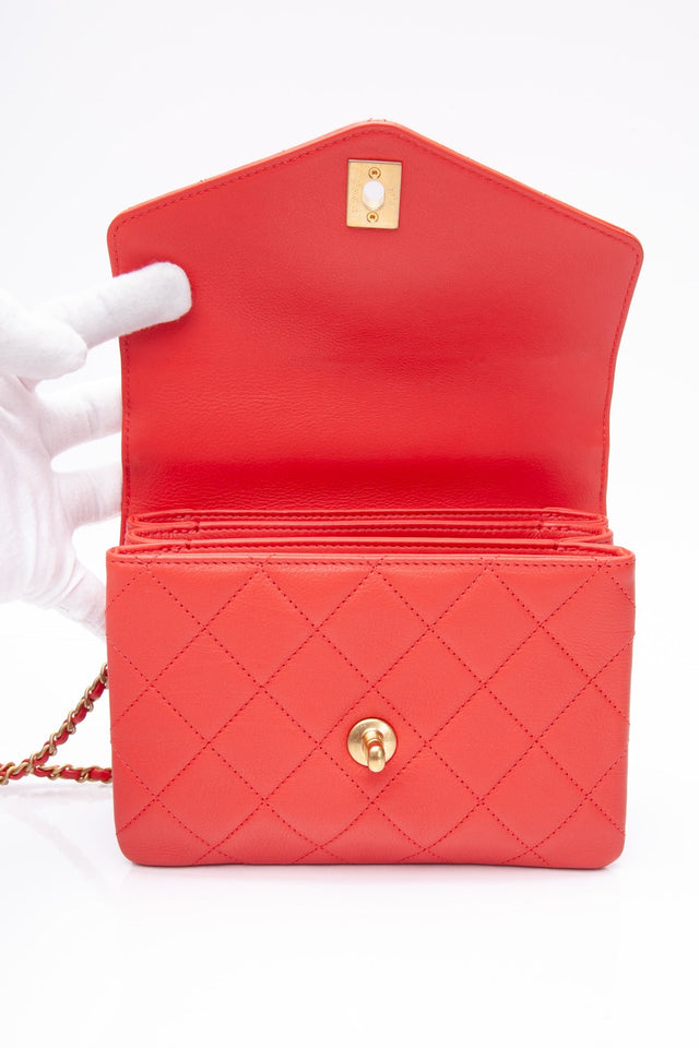 CHANEL Coral Calfskin Quilted Metal Small Top Handle Envelope Flap Bag