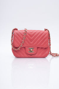 CHANEL Chevron Pink Lambskin Square Mini Flap Bag