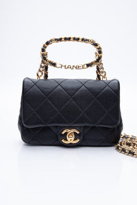 CHANEL Black Metal Quilted Lambskin Leather Mini Top Handle Square Flap Bag
