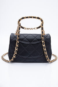 CHANEL Black Metal Quilted Lambskin Leather Mini Top Handle Square Flap Bag