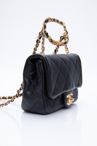 CHANEL Black Metal Quilted Lambskin Leather Mini Top Handle Square Flap Bag