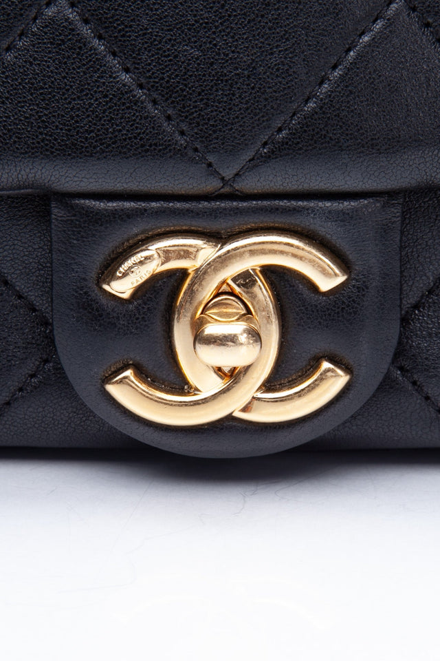 CHANEL Black Metal Quilted Lambskin Leather Mini Top Handle Square Flap Bag