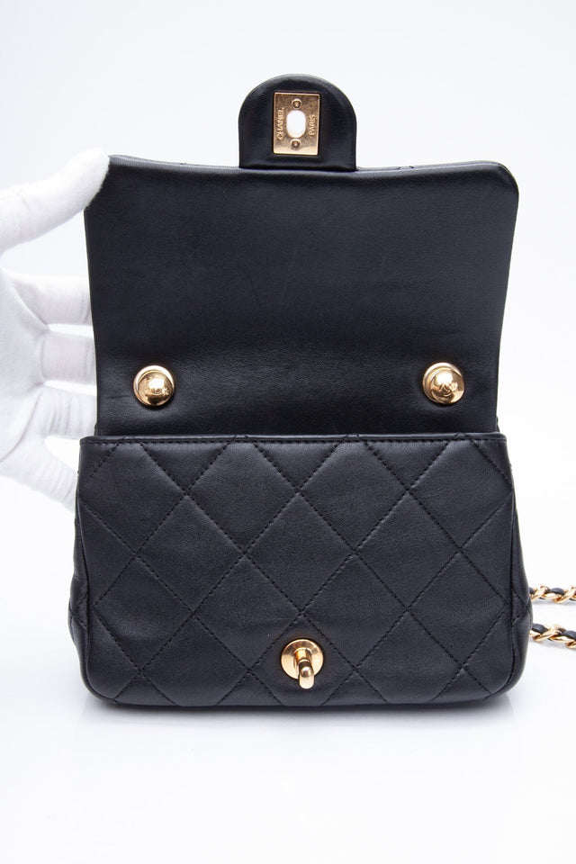 CHANEL Black Metal Quilted Lambskin Leather Mini Top Handle Square Flap Bag