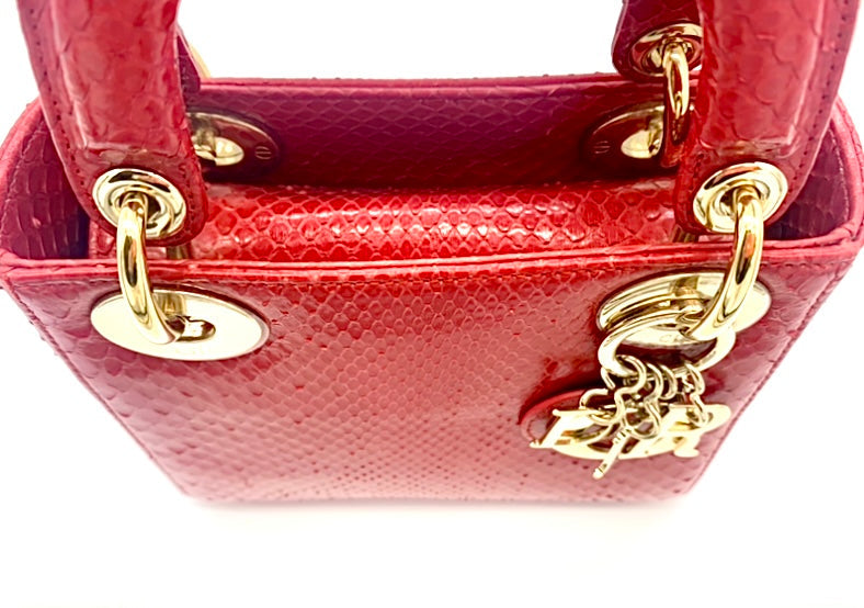 CHRISTIAN DIOR LADY DIOR MINI RED PYTHON BAG