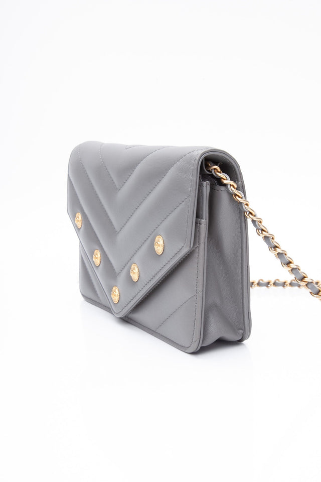 CHANEL Gray Lambskin Chevron Medallion WOC Wallet on Chain