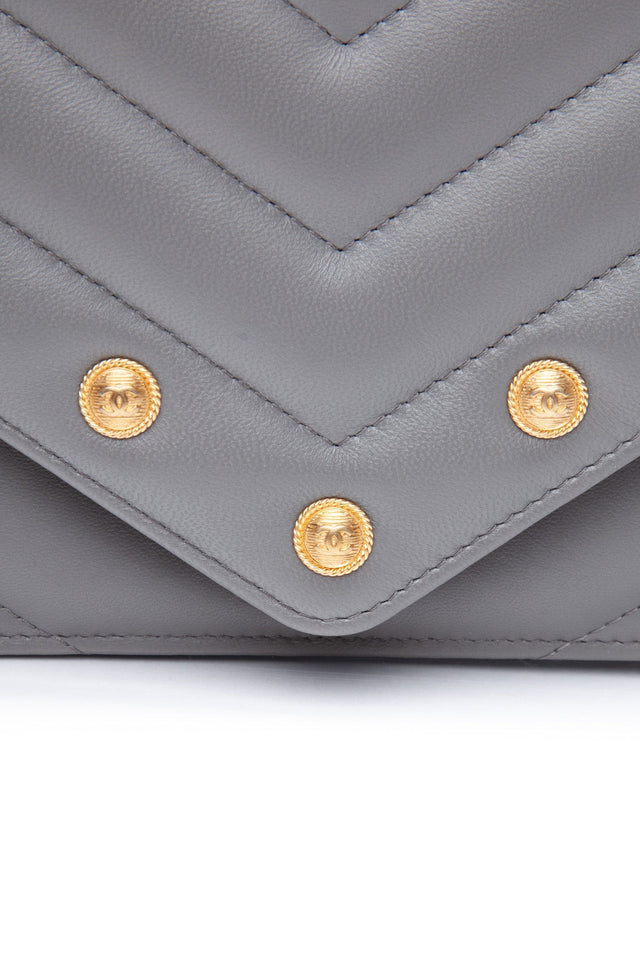 CHANEL Gray Lambskin Chevron Medallion WOC Wallet on Chain