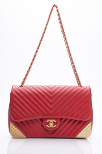 CHANEL Lambskin Rock the Corner Chevron Flap Red Bag