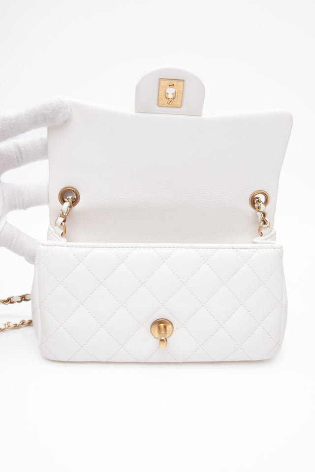 CHANEL Calfskin Quilted Mini Romance Rectangular Flap White