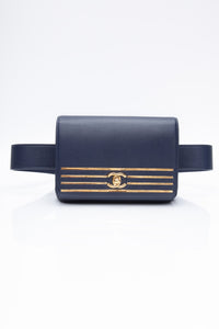 CHANEL Blue Navy Grained Calfskin Embroidered Captain Gold Flap Belt Bag