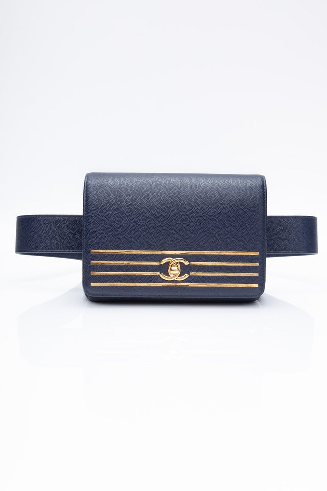 CHANEL Blue Navy Grained Calfskin Embroidered Captain Gold Flap Belt Bag