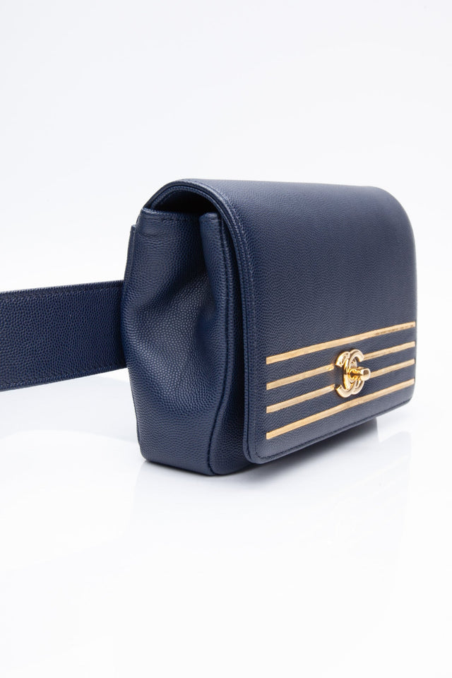 CHANEL Blue Navy Grained Calfskin Embroidered Captain Gold Flap Belt Bag