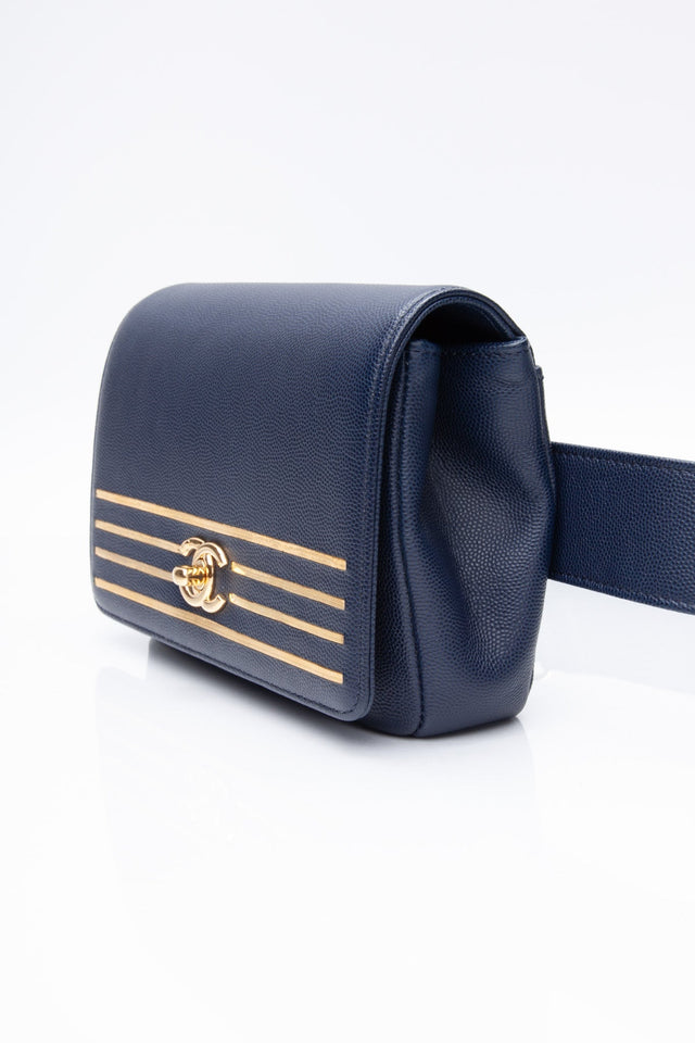 CHANEL Blue Navy Grained Calfskin Embroidered Captain Gold Flap Belt Bag