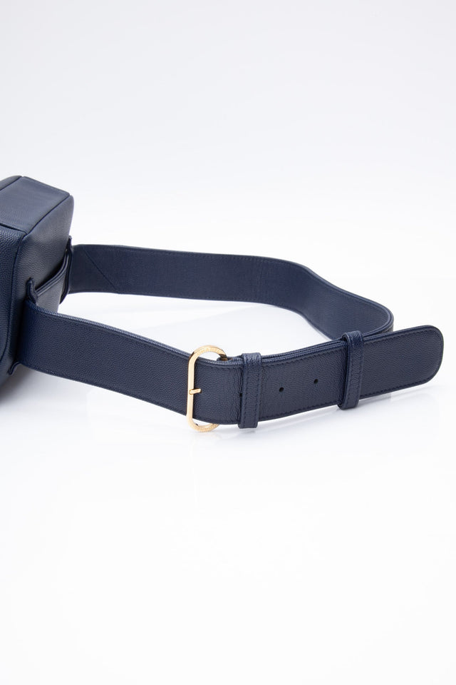 CHANEL Blue Navy Grained Calfskin Embroidered Captain Gold Flap Belt Bag