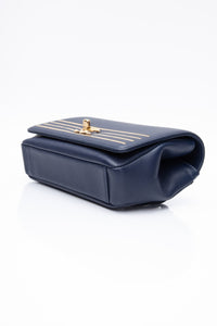 CHANEL Blue Navy Grained Calfskin Embroidered Captain Gold Flap Belt Bag