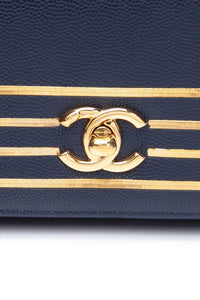 CHANEL Blue Navy Grained Calfskin Embroidered Captain Gold Flap Belt Bag