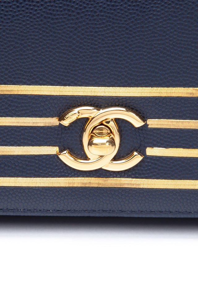 CHANEL Blue Navy Grained Calfskin Embroidered Captain Gold Flap Belt Bag