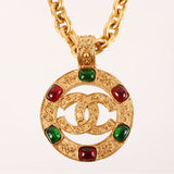 CHANEL 1994 Made Gripoix Round Cutout Cc Mark Necklace Green/Red