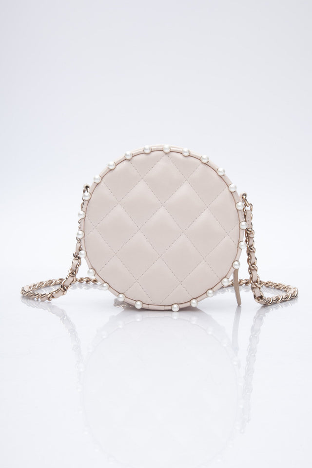 CHANEL Cream Calfskin Quilted Pearl Round Crossbody Bag