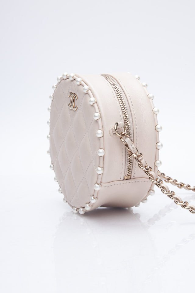 CHANEL Cream Calfskin Quilted Pearl Round Crossbody Bag