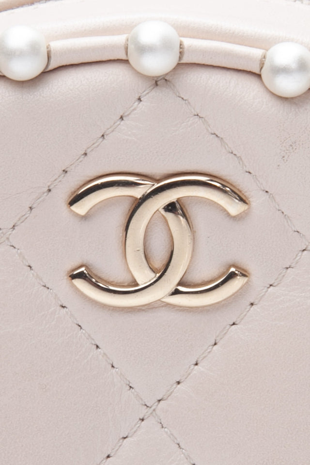 CHANEL Cream Calfskin Quilted Pearl Round Crossbody Bag