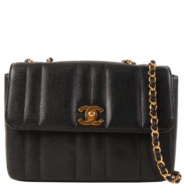 CHANEL Around 1995 Made Caviar Skin Mademoiselle Stitch Turn-Lock Chain Bag Black