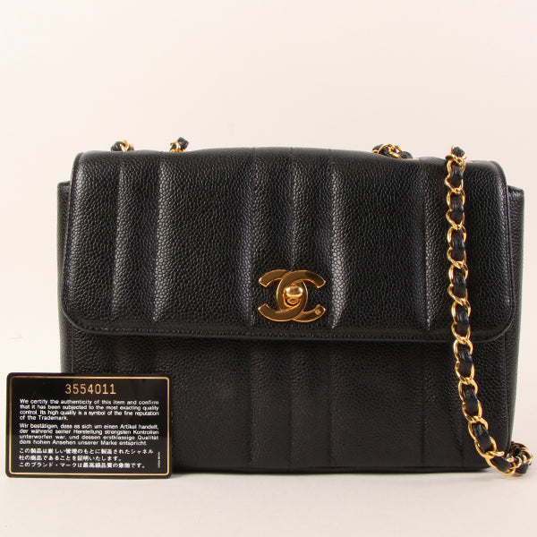 CHANEL Around 1995 Made Caviar Skin Mademoiselle Stitch Turn-Lock Chain Bag Black