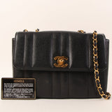 CHANEL Around 1995 Made Caviar Skin Mademoiselle Stitch Turn-Lock Chain Bag Black