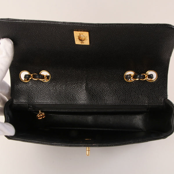 CHANEL Around 1995 Made Caviar Skin Mademoiselle Stitch Turn-Lock Chain Bag Black