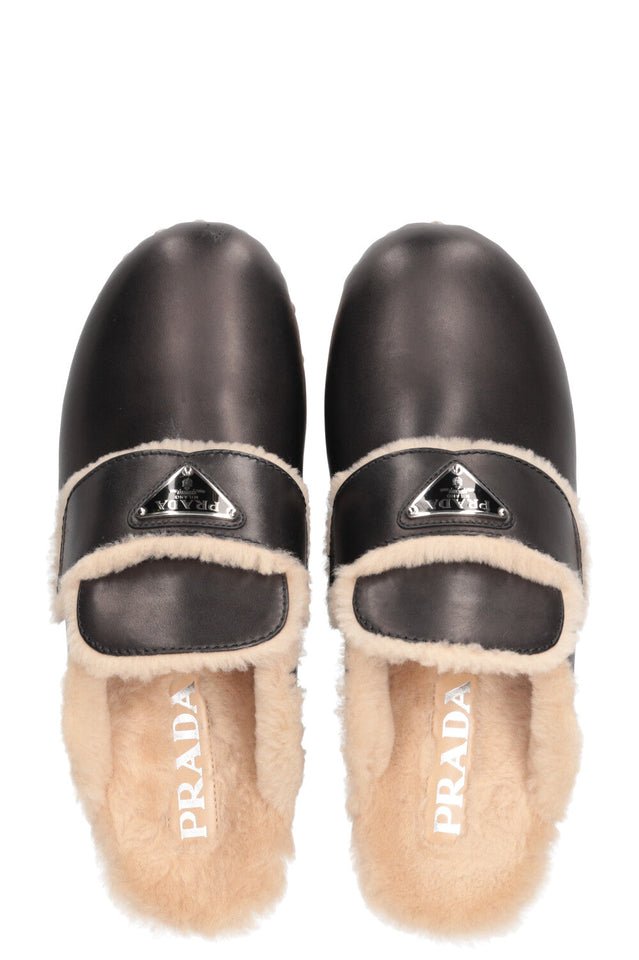 PRADA Shearling Logo Clogs Black