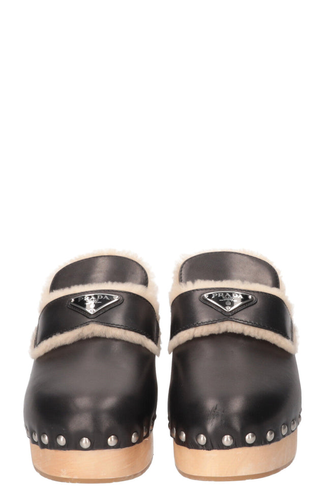 PRADA Shearling Logo Clogs Black