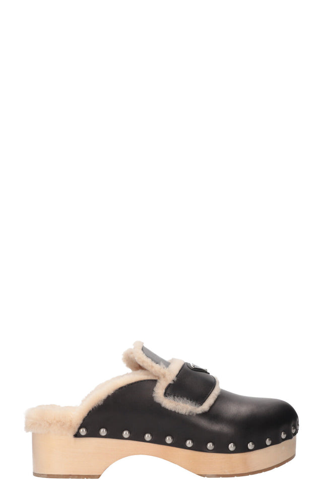 PRADA Shearling Logo Clogs Black