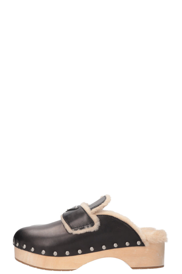PRADA Shearling Logo Clogs Black