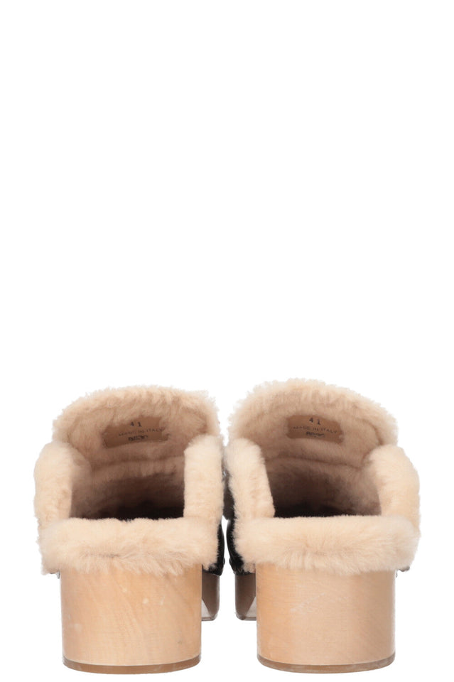 PRADA Shearling Logo Clogs Black