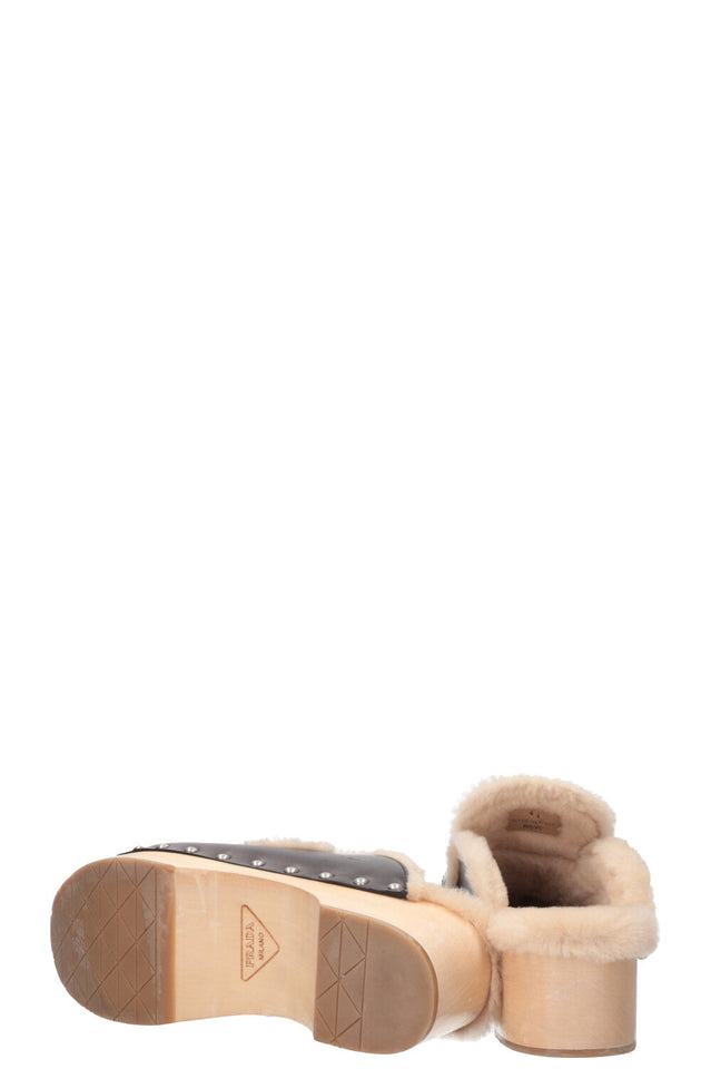 PRADA Shearling Logo Clogs Black