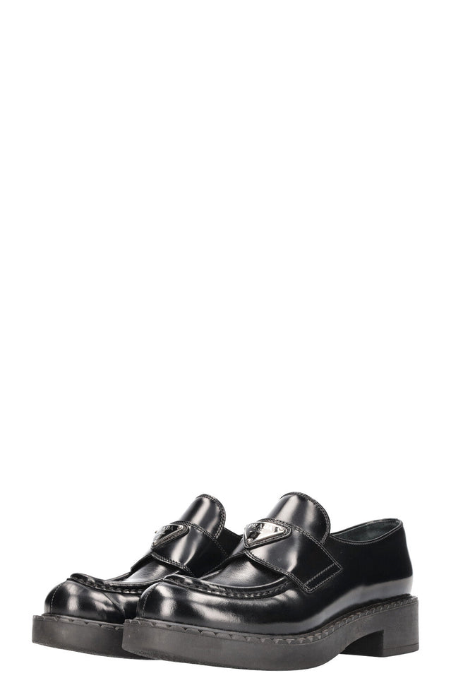 PRADA Logo Loafers Black Leather